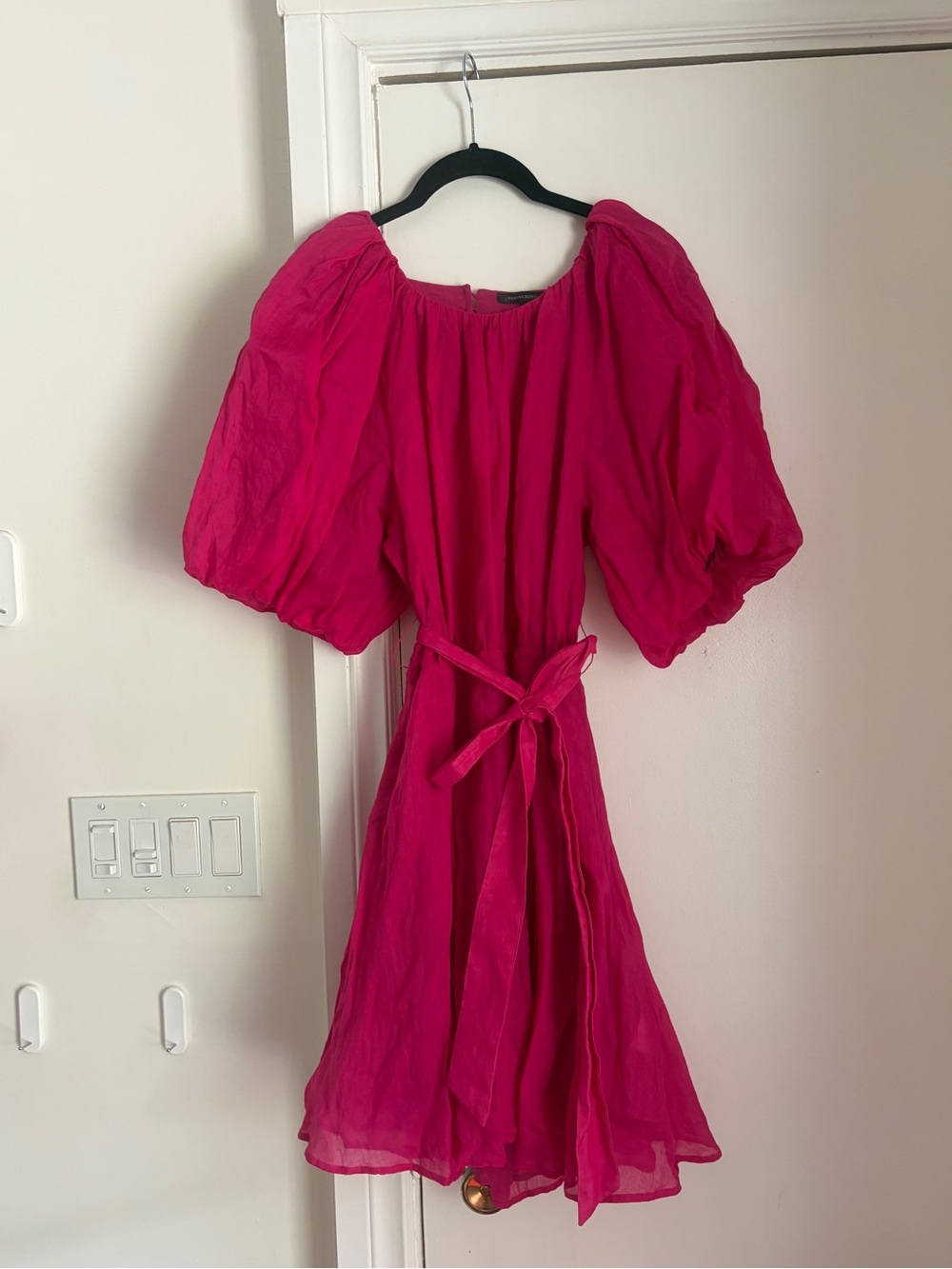 Bright Pink Banana Republic Puff-Sleeve Ramie Belted Mini Dress